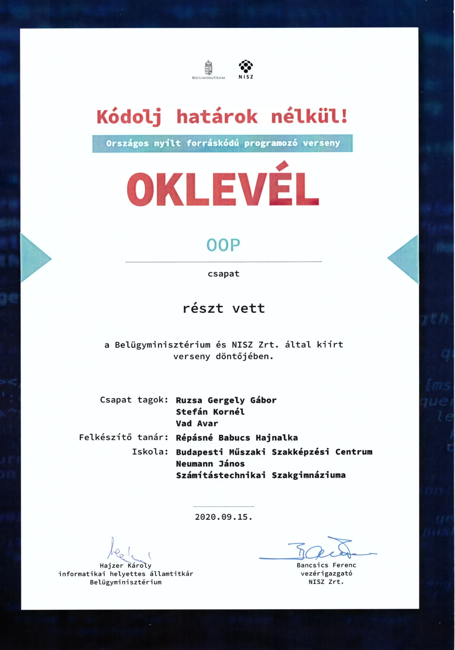 Competition certificate