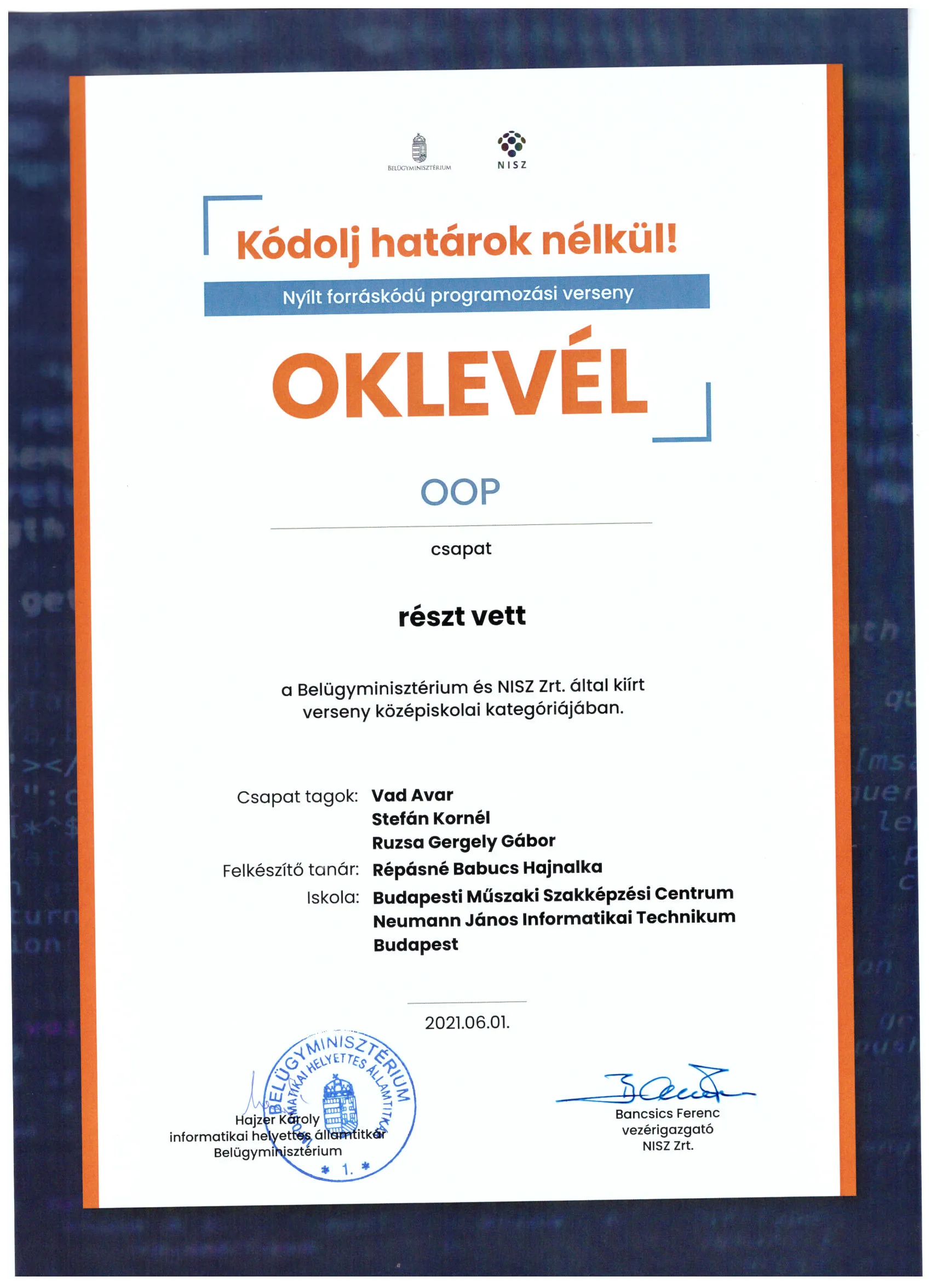 Competition certificate